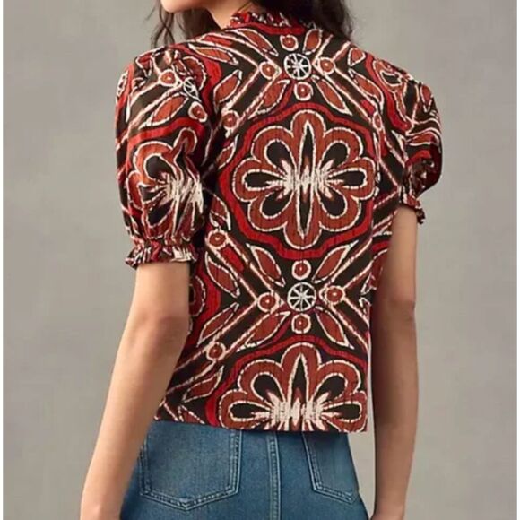 ~Rare The Odells Med Boho Top Vneck Tie Ruffle Short Balloon Sleeve Brown Rust - Picture 16 of 16